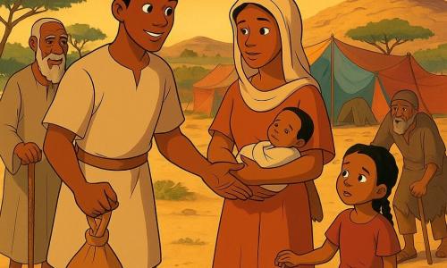 A man (Amadou), oval tanned face, bright smiling eyes, short black hair, wearing a dusty beige tunic and carrying a water skin, walks attentively and determinedly toward a small distressed family; an elderly man (Baba N’Golo, ~70) with a bushy white beard and wrinkled skin, holding a decorated staff, stands slightly back with a calm, benevolent look, observing and advising; a woman (the traveler) in a light earth-colored dress and pale headscarf holds a baby, tired but relieved, and is the focus of Amadou's approach; a girl (~8) with chapped lips and braided hair sits by the pack donkey, holding her mother's hand and looking at Amadou with shy surprise; an older traveling man (~60) with a simple staff, bent but grateful, stands near the donkey in the background. The setting is a low dune and sandy path lined with thorny bushes and a few acacias, flat stacked stones on a distant hill, a warm golden-orange late-afternoon sky with long shadows. Amadou guides the family toward a nomad camp where a low table with a bowl of milk, a stretched veil for shade, and colorful canvas tents create a calm, humane scene of aid, sharing, and care.