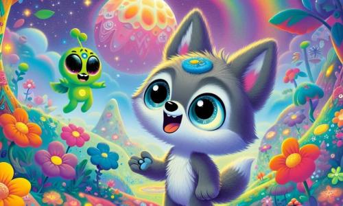 Ein kleiner Wolf namens Luki, mit grauem Fell und neugierigen, funkelnden Augen, trägt ein niedliches blaues Stück auf dem Kopf. Er steht auf einem bunten Boden, umgeben von leuchtenden Blumen, mit einem großen Lächeln im Gesicht, begeistert von seiner Umgebung. Neben ihm schwebt Zappi, ein kleiner grüner Alien mit runden, glänzenden Augen, leicht über dem Boden und zeigt mit einer fröhlichen und einladenden Miene auf einen Baum mit bunten Blättern. Ort: eine magische Insel auf dem Planeten Xelon, wo die Blumen im Takt der Musik tanzen und seltsame Kreaturen am sternenklaren Himmel fliegen. Hauptsituation: Luki und Zappi bereiten sich darauf vor, ein großes intergalaktisches Fest zu feiern, umgeben von leuchtenden Farben und einer festlichen Atmosphäre, bereit, ihre Geschichten zu teilen und gemeinsam zu tanzen.