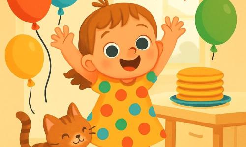 A 2-year-old girl named Mila, with big sparkling eyes and a radiant smile, is wearing a colorful polka dot dress. She jumps for joy with her arms raised, surrounded by colorful balloons floating around her. Next to her, her cat Muffin, an adorable striped kitten with soft fur, rubs against her leg while purring. In the kitchen, golden pancakes are stacked on the table, and paper garlands decorate the walls. The room is filled with light, with sun rays filtering through the windows. Mila, full of excitement, is searching for her super special birthday gift among the festive decorations.