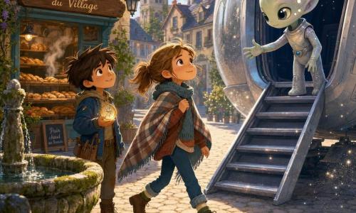 Main character: Mina, a 10-year-old girl with a round face, freckles, messy light brown pigtails, wide bright eyes and a serene, awed expression, wearing a small checkered plaid over her shoulders, walking toward the ladder of a silver ship; secondary characters: Lix, a small friendly alien with pearlescent pastel skin, a large forehead, six tiny shiny cheek spots and curious luminous eyes, standing on the ship platform with a hand extended in greeting; Jory, a roughly 10-year-old boy with tousled hair, a jacket with a tool pocket and an impatient but joyful expression, standing near Mina holding a glass compass glowing softly; setting: the village square paved with round stones, a moss-covered stone fountain in the foreground and a bakery with a steamy window and wooden sign in the background under a bright blue sky with a few powdered clouds; main situation: a warm morning-first-departure meeting as Mina descends the ship's ladder, atmosphere of friendship with vivid contrasting colors, silver dust falling like glitter, a knitted scarf over the plaid and shadow patterns on the cobbles.