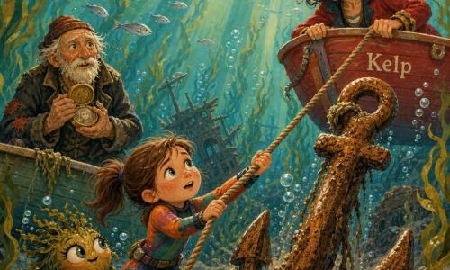 An 8-year-old girl with a round, freckled face and brown ponytail, determined and amazed, wearing a colorful little wetsuit, pulling a large rusty anchor with a thick rope as sparkling water swirls around her; Captain Lila, ~45, small three-stubbled silver beard, shell-adorned hat and red jacket, holding the stern of the small red boat named Kelp and encouraging the girl; an old fisherman ~70 with driftwood-wrinkled face and patched coat in a nearby skiff, clutching an open medallion to his chest and watching the rising anchor with emotion; a small kelpy puff creature, round with kelp fronds, long lashes and copper-green tones, floating beside the girl in complicity; dense kelp forest with long undulating leaves, nacreous shell beds, silver fish, sandy bottom and wrecks in the background, light shafts filtering down, the anchor emerging from silt near a wreck with rising bubbles, rope taut to the red boat, a collective effort and discovery moment painted in gouache turquoises, deep greens, ochres and copper accents.