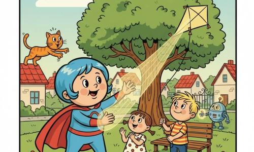 A smiling gentle female superhero with a round face and short electric-blue hair in a bright blue costume and red cape emits pale yellow light and blows a soft wind with her hands, weaving a delicate net of light to catch a kite descending from a large tree; a roughly 5-year-old brown-ponytailed girl in a polka-dot dress applauds on the grass, amazed, while a roughly 6-year-old tousled-blond boy in a striped tee holds the kite string; a sleek ginger cat perches on a red-tiled roof to the left with a paw reaching toward the heroine and wide eyes; a small round silver-and-blue robot beeps happily holding a glowing toy near the village gate; the scene is a bright village park with green grass, a large leafy tree, a wooden bench, colorful flowers, red-roofed houses and a pastel sky with a soft cloud, joyful atmosphere, saturated colors, rounded shapes, thick black outlines and tender exaggerated expressions.