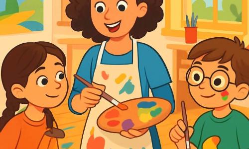 Uma artista mulher, Teresa, com cabelos cacheados e um sorriso radiante, está no centro de seu ateliê. Ela usa um avental manchado de tinta e mistura cores vibrantes em uma paleta, parecendo entusiasmada e inspirada. À sua direita, Clara, uma menina de 10 anos com cabelos castanhos trançados, observa atentamente uma tela, com os olhos brilhando de curiosidade. À sua esquerda, Lucas, um menino de 9 anos com óculos redondos e manchas de tinta nas bochechas, segura um pincel e se prepara para adicionar uma cor a uma escultura de papel machê. O ateliê é iluminado, com uma grande janela pintada de amarelo, permitindo a entrada da luz do sol que ilumina as telas penduradas nas paredes, esculturas coloridas espalhadas pelo chão e potes de tinta. O chão de madeira é decorado com respingos de cores vivas. A cena principal mostra Teresa e as crianças criando juntas, cercadas por suas obras de arte, rindo e compartilhando ideias, ilustrando a magia da criatividade e da amizade.