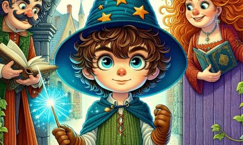 A 10-year-old boy, Oliver, stands at the center of the image with curious, bright eyes and a determined expression. He has messy brown hair and wears a blue wizard robe adorned with golden stars. He brandishes a sparkling magic wand, ready to face the unknown. To his right, Madame Zephyr, a woman in her forties, is dressed in a flamboyant red gown, with long, wavy hair that floats like flames. She watches Oliver with an encouraging smile, ready to assist him on his quest. To the left, Mr. Bumble, a jovial man in his fifties, wears a green robe and has a bushy mustache. He holds an open ancient book, prepared to offer magical advice. The scene takes place in a secret courtyard surrounded by old brick buildings covered in ivy, with a mysterious purple wooden door slightly ajar in the background, emanating a magical glow. Oliver is preparing to confront a dark figure near a shimmering portal, the tension palpable in the air as he focuses on casting his spell, determined to protect his magical world.
