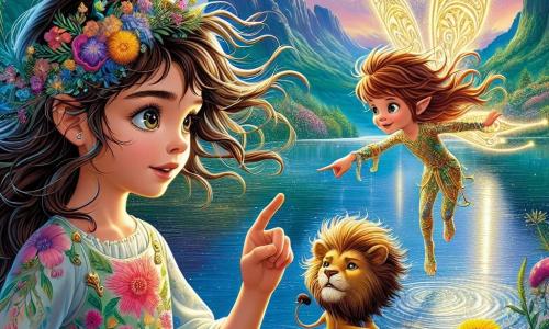 Una niña de 12 años, llamada Sofía, está al borde de un lago brillante, con ojos llenos de curiosidad y cabello castaño ondulado al viento. Lleva un vestido colorido con motivos florales y sostiene una pluma dorada, maravillada por el agua que refleja las estrellas. A su lado, un pequeño duende llamado Píxel, de 8 años, vuela con alas brillantes y una sonrisa traviesa, rodeado de chispas de magia, señalando al cielo como si revelara un secreto a Sofía. Detrás de ellos, un majestuoso león llamado Leónidas, de 5 años, se mantiene orgulloso y protector, con una melena dorada, observando atentamente los alrededores. El lugar es un lago encantador, rodeado de montañas verdes y flores coloridas que bailan al viento, mientras el cielo está salpicado de estrellas brillantes y una luna que ilumina la escena con una suave luz plateada. Sofía, Píxel y Leónidas están juntos, listos para sumergirse en la aventura y decididos a salvar el reino de Lunaria.