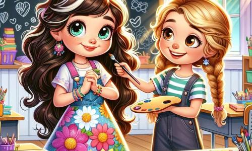 Una niña de 9 años, llamada Sofía, está en el centro de la imagen, con grandes ojos brillantes y cabello castaño ondulado. Lleva un vestido colorido con motivos de flores y tiene una expresión de determinación en su rostro, como si hubiera tomado una gran decisión. A su lado, su mejor amiga Clara, también de 9 años, tiene el cabello rubio trenzado y lleva una camiseta a rayas. Ella sonríe cálidamente, sosteniendo una paleta de pintura en sus manos, lista para crear un mural. Su entorno es un aula luminosa, con paredes decoradas con dibujos infantiles y una gran pizarra al fondo. Rayos de sol entran por las ventanas, iluminando los colores vivos de los útiles escolares esparcidos por los escritorios. La situación principal muestra a Sofía y Clara discutiendo entusiastamente su proyecto de mural sobre la honestidad, mientras Sofía, con un aire serio, le confiesa a Clara que no trajo los materiales necesarios. La imagen captura un momento de sinceridad y amistad entre las dos niñas, rodeadas de un decorado alegre e inspirador.