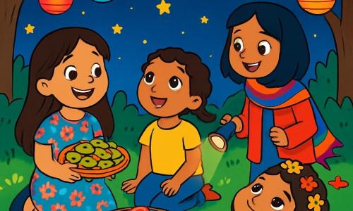 Er zijn 4 kinderen: - Layla: een 8-jarig meisje met lang bruin haar en sprankelende ogen. Ze draagt een kleurrijke jurk met bloemenpatronen en glimlacht vrolijk terwijl ze een schaal met koekjes vasthoudt. - Amina: een 7-jarig meisje met krullend haar en een kleine vlecht. Ze draagt een felgele t-shirt en een spijkerbroek. Ze kijkt verwonderd naar de sterren terwijl ze op het gras zit. - Zahra: een 9-jarig meisje met zwart haar en een grote kleurrijke sjaal. Ze staat rechtop met een zaklamp in de hand en verlicht nieuwsgierig de tuin. - Noor: een 6-jarig meisje met kort haar en een kleine bloemenkrans. Ze ligt op haar rug in het gras, met haar ogen op de sterrenhemel gericht en een dromerige glimlach op haar gezicht. De locatie is een betoverende tuin, verlicht door kleurrijke lampionnen die aan de bomen hangen. Het gras is groen en zacht, bezaaid met kleine, heldere bloemen. De lucht is diepblauw, bezaaid met fonkelende sterren die stralen als diamanten. De belangrijkste situatie toont de vier vriendinnen die samen rond een lage tafel zitten, vol heerlijke lekkernijen, terwijl ze lachen en verhalen delen onder een sterrenhemel. Ze houden elkaars handen vast, kijken naar de sterren, delen wensen en dromen van magische avonturen samen.