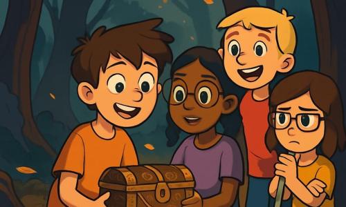 There are 4 children: Jack, a 10-year-old boy with messy brown hair and sparkling curious eyes, holding an old chest in his hands, looking in wonder; Aisha, a 9-year-old girl with braided black hair and round glasses, standing next to Jack with her hands on the chest, fascinated by the engraved symbols; Sam, a 10-year-old boy with blond hair and a wide smile, leaning on his crutches, watching the scene with a mix of excitement and apprehension; and Lily, a 9-year-old girl with brown hair and rectangular glasses, standing slightly back with her arms crossed, intensely pondering the situation. The setting is a dark, mysterious forest with gnarled trees rising like silent giants, golden leaves gently falling to the ground, and soft light filtering through the branches, creating a captivating play of shadows. In the center, an old wooden chest, partially buried in the ground, glimmers under the rays of the setting sun. The main situation shows the children discovering the mysterious chest, their faces lit up with curiosity and a slight thrill of adventure, while the shadows in the forest seem to move, adding an atmosphere of suspense as the children exchange intrigued glances, ready to explore the secret within the chest.
