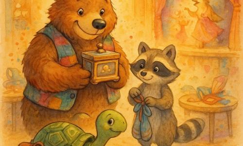 Boris, a tall brown-furred bear with a mischievous smile and bright eyes, wears a colorful patchwork vest and a hat with a crooked button and holds a dusty small music box to his chest; beside him Mabel, a small raccoon with nimble hands and a round black mask, smiles while holding a pair of mittens tied with a ribbon; Tito, a tortoise with an olive shell patterned with geometric designs, moves slowly ahead carrying a trumpet case on his back, attentive and proud; Grandma Lark, an old songbird with cream-and-gold feathers, perches on the wooden stage edge, moved as the box opens. The carnival hall is warm with a worn wooden floor, orange, teal and pink paper garlands, a cluttered round table of lost items and colorful lanterns casting soft light. Main scene: the recovered music box being presented on stage in a joyful, bright atmosphere with swirling costumes and confetti, a sense of mutual aid and returned belongings; composition centered on Boris holding the box with a semicircle crowd behind him, in a warm watercolor palette with touches of gold and pink.