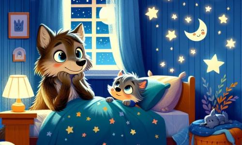 A small, soft gray wolf with big, shiny round eyes is lying in his cozy bed, displaying a worried expression on his face. He looks at the ceiling, where twinkling stars are painted, gently illuminating the room. Next to him, his mother, a tall wolf with silky brown fur, smiles tenderly at him with warm, comforting eyes. She sits on the edge of the bed, gently holding his paw, showing that she is there to reassure him. The room is small and welcoming, with walls painted midnight blue, fluffy cushions, and a soft moon-shaped rug. A window lets in silver moonlight, creating a magical atmosphere. In this illustration, the little wolf expresses his fear of the dark while his mother talks to him about the stars, transforming fear into wonder.