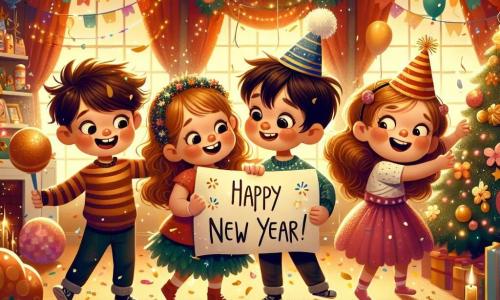 En una habitación cálida y colorida, cuatro niños están juntos, rodeados de decoraciones festivas. Lucas, un niño de 10 años con cabello castaño desordenado y una gran sonrisa, sostiene un gran cartel "Feliz Año Nuevo" que ha hecho. A su derecha, Ana, una niña de 9 años con trenzas rubias, levanta los brazos, maravillada por la magia de la fiesta. A la izquierda, Tomás, un niño de 8 años con gafas y cabello negro, observa un misterioso papel brillante que encontró, con los ojos muy abiertos por la curiosidad. Finalmente, Sofía, una niña de 9 años con rizos castaños y un sombrero de fiesta, baila alegremente, rodeada de globos coloridos que flotan a su alrededor. La habitación está decorada con guirnaldas brillantes, luces parpadeantes y un gran árbol de Navidad iluminado, creando un ambiente festivo y mágico. Confetis dorados caen suavemente del techo, añadiendo un toque de alegría a la escena. Los niños se están preparando para la fiesta de Año Nuevo, descubriendo un mensaje secreto que los lleva a una aventura mágica, listos para hacer deseos para el año que viene.