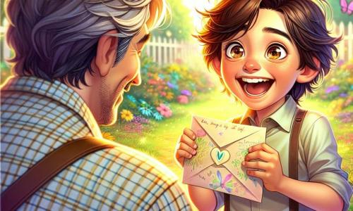 Um garoto de 10 anos, Miguel, com cabelos castanhos bagunçados e olhos brilhantes de curiosidade, está no centro da imagem, segurando uma carta colorida nas mãos. Seu rosto irradia alegria e empolgação, enquanto sorri amplamente, pronto para surpreender seu pai. Ao lado dele está seu pai, um homem na casa dos quarenta anos, com uma barba leve e um sorriso acolhedor. Ele veste uma camisa xadrez e olha para Miguel com orgulho, agachando-se ligeiramente para ficar na altura dele. O cenário é um jardim encantador, repleto de flores coloridas e árvores verdes, banhado pela luz dourada do sol da manhã. Borboletas dançam ao redor, adicionando um toque mágico à atmosfera. A cena principal mostra Miguel, cheio de entusiasmo, entregando sua carta mágica ao pai, que parece maravilhado com a surpresa. Uma aura de felicidade e ternura emana dessa cena familiar, simbolizando o amor e a gratidão compartilhados durante o Dia dos Pais.