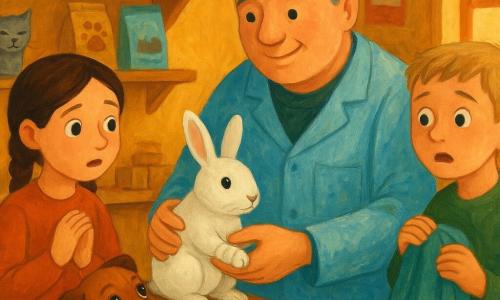 Un veterinar à visage rond, cheveux poivre et sel, sourire doux, porte une blouse bleue tachée et penche en avant en tenant délicatement un petit lapin blanc à la patte bandée, expression compatissante; à sa gauche une fille d’environ 9 ans, cheveux bruns en tresse, mains jointes et regard émerveillé, près d’une table en bois; à droite un garçon d’environ 8 ans, cheveux blonds courts, yeux anxieux, tient une petite couverture près du lapin; le chien Léon, petit et marron aux grands yeux brillants, est couché sur une couverture rayée au premier plan en remuant la queue; la chatte Nina, grise et au poil doux, est assise sur une étagère basse derrière la table en ronronnant; le refuge est chaleureux avec des murs couleur miel, étagères en bois pleines de boîtes, paniers en osier, sacs de croquettes et affiches colorées; une fenêtre basse laisse entrer une lumière orangée de fin de journée créant des ombres douces et mettant en valeur les textures de laine et de bois; scène de soin calme et tendre: le vétérinaire soigne le lapin tandis que les enfants regardent avec respect et espoir; palette gouache aux couleurs chaudes (ocre, orange, rose pâle) avec accents de bleu et vert et traits de pinceau visibles pour un rendu artisanal et chaleureux