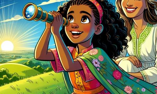 Una niña de 10 años, Aisha, con cabello rizado y negro, ojos grandes y curiosos, y una sonrisa radiante, está de pie en una colina verde sosteniendo un pequeño telescopio. Lleva un vestido colorido con patrones florales, y su rostro expresa asombro y alegría. A su lado, su madre, una mujer de unos treinta años, con cabello largo y castaño, sonriente y bondadosa, la anima con una mirada orgullosa. Al fondo, el cielo es de un azul brillante, salpicado de nubes blancas, mientras el sol se eleva suavemente en el horizonte, iluminando el paisaje. La escena principal muestra a Aisha, impaciente y emocionada, observando el cielo a través de su telescopio, esperando ver la nueva luna que marcará el inicio del Ramadán.