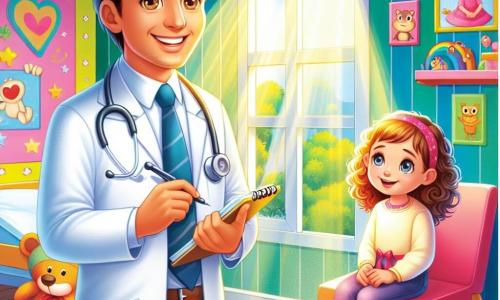 Un medic, doctorul Andrei, stă în cabinetul său luminos, îmbrăcat într-un halat alb strălucitor, cu un zâmbet cald și ochi plini de bunătate. Ține un stetoscop într-o mână și un carnet în cealaltă, având o expresie de concentrare și amabilitate. Lângă el, Maria, o fetiță de opt ani cu părul creț și ochi curioși, stă pe un scaun confortabil, având un aer ușurat, ascultând cu atenție sfaturile medicului. Cabinetul este decorat cu pereți colorați, împodobiți cu desene de animale și personaje de basme, cu jucării împrăștiate pe podea și o fereastră mare care lasă să pătrundă lumina soarelui. Doctorul Andrei îi explică Mariei cum să aibă grijă de sănătatea ei, iar ea îl ascultă cu atenție, pregătită să învețe.