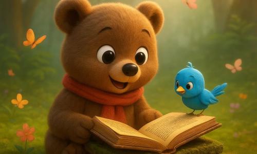 Een klein bruin beertje met pluizige vacht en rood sjaaltje kijkt verwonderd naar een met mos bedekte kist die hij net opende; zijn pootjes houden voorzichtig een oud boek met vergulde bladzijden. Een felblauw vogeltje zit op de rand van de kist en bekijkt het boek. Enkele bloemen en vlinders fladderen rond, de vallei ligt achter een gordijn van varens met een mosbedekt grond, gedraaide bomen en gouden zonnestralen door de ochtendmist. De scène toont het magische ontdekmoment met warme lichtinval, zachte texturen en een compositie gericht op het beertje en het boek.
