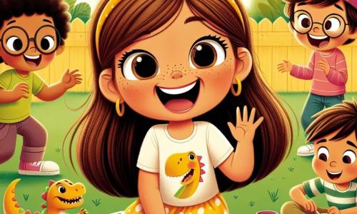 En el centro de la imagen, una niña de 7 años llamada Lila, con largos cabellos castaños y ojos brillantes de alegría, lleva una camiseta amarilla y una falda de lunares. Ríe a carcajadas, con los brazos en alto, rodeada de sus amigos. A su derecha, Tomás, un niño de 7 años con una gorra roja y una gran sonrisa, cuenta un chiste, gesticulando con entusiasmo. A la izquierda, Sofía, una niña de 7 años con cabello rizado y una expresión traviesa, está agachada modelando un dinosaurio de arcilla, mientras que Sam, un niño de 7 años con grandes gafas que se deslizan por su nariz, lee un libro de aventuras, sentado en una caja junto a ellos. El escenario se desarrolla en un parque soleado, lleno de flores coloridas y grandes árboles verdes. Al fondo, un gran castillo de cartón, hecho de cajas de diferentes tamaños, se erige orgullosamente, decorado con dibujos de niños y guirnaldas de papel. La situación principal muestra a Lila y sus amigos riendo juntos, compartiendo bromas y momentos de alegría mientras construyen su castillo de cartón, creando una atmósfera de camaradería y felicidad.