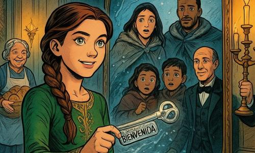 La princesa Elara (niña) está en el centro, rostro luminoso y decidido, sonrisa suave, vestido verde hoja con bordados dorados, cabello castaño en trenza; sostiene una pequeña llave de metal brillante grabada 
