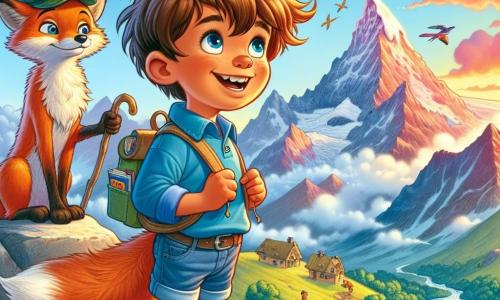 Un niño de 9 años, Lucas, con cabello castaño desordenado y ojos brillantes de curiosidad, se encuentra en la cima de una majestuosa montaña. Su rostro expresa alegría y asombro mientras contempla el paisaje colorido del amanecer, con tonos de rosa y naranja iluminando el cielo. Lleva una camiseta azul y un pantalón corto de denim, y en su mano sostiene un pequeño cuaderno donde ha anotado sus descubrimientos. Cerca de él, un viejo zorro de pelaje rojizo y ojos traviesos, con un sombrero de copa y un pequeño bastón, lo observa con una sonrisa cómplice. Se encuentra sobre una piedra, como si fuera el guardián de este momento mágico. El lugar es una montaña con cumbres nevadas, rodeada de valles verdes y ríos brillantes. Nubes ligeras flotan en el cielo y aves coloridas vuelan a su alrededor, añadiendo vida a este paisaje encantador. La situación principal muestra a Lucas, maravillado por la belleza del mundo que se extiende ante él, dándose cuenta de que la verdad es un viaje lleno de descubrimientos y aprendizajes.