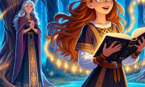 Elara, eine elfjährige Hexe, steht am Rand einer magischen Quelle, ihre langen kastanienbraunen Haare wehen um sie. Ihre Augen strahlen vor Aufregung und Entschlossenheit, während sie eine alte Schriftrolle in den Händen hält, bereit, den Fluch, der auf ihrer Familie lastet, zu brechen. Neben ihr beobachtet eine weise alte Frau mit silbernem Haar und einem wohlwollenden, aber runzligen Gesicht Elara stolz, leicht im Hintergrund stehend, wie eine schützende Mentorin. Der Ort ist eine verzauberte Lichtung, getaucht im sanften Mondlicht, umgeben von großen, knorrigen Bäumen und leuchtenden Blumen, die den Boden in lebendige Farben tauchen. Die Quelle, in strahlendem Blau, funkelt unter den Sternen und schafft eine mystische und beruhigende Atmosphäre. Elara, voller Mut, liest laut magische Worte aus der alten Schrift, während goldene Lichtblitze um sie herum sprühen, was die erwachende Magie symbolisiert, die ihre Familie vom ancestral Fluch befreien soll.