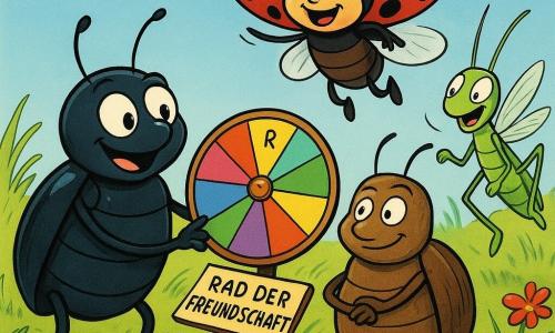 Ein kleiner Käfer namens Fips, mit einem glänzenden Panzer und neugierigen Fühlern, lächelt freudig, während er ein kleines, bunt bemaltes Stück Holz hält, das das "Rad der Freundschaft" darstellt. Neben ihm schwebt Lilo, ein Marienkäfer mit rot-schwarz gefleckten Flügeln, leicht in der Luft und lacht begeistert. Brumm, ein kräftiger Käfer mit braunem Panzer, steht und schaut das Rad mit einem amüsierten Ausdruck an, während Zita, eine schlanke grüne Heuschrecke, freudig um die Gruppe hüpft. Die Szene spielt sich in einer sonnigen Ecke einer Wiese ab, mit sanft wogenden Grashalmen und bunten Blumen, die überall verstreut sind. Die Hauptsituation zeigt die Insekten, die das Rad nutzen, um fröhlich ihr nächstes Abenteuer zu entscheiden, was ihre Freundschaft und Zusammenarbeit illustriert.