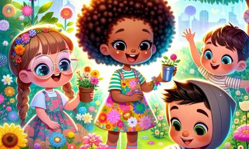 Una niña de seis años, con largos cabellos rizados y un vestido colorido, sonríe mientras planta flores en un jardín luminoso. Un niño de seis años, con gafas redondas y una camiseta a rayas, se arrodilla a su lado, sosteniendo una pequeña pala y observando atentamente las semillas que está a punto de plantar. Otra niña de seis años, con trenzas y una falda con estampados florales, levanta los brazos con entusiasmo, mientras un niño de seis años, con cabello corto y sudadera con capucha, mira a su alrededor con ojos maravillados. El jardín es un lugar mágico, lleno de flores multicolores que brillan bajo el sol, con robots amigables que cuidan las plantas y árboles gigantes que parecen tocar el cielo. Caminos brillantes serpentean por el jardín y paneles holográficos muestran proyectos futuristas para la ciudad. La escena principal muestra a los niños trabajando juntos para plantar flores y aprender a cuidar su entorno, rodeados de la belleza resplandeciente de su ciudad futurista, llena de colores y alegría.