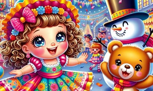 Una bambina di 2 anni, Lia, con grandi occhi scintillanti e capelli ricci, indossa un vestito colorato con motivi floreali. Sorride di gioia, le sue guance rosa illuminate dall'emozione del carnevale. Accanto a lei, un allegro orsetto di peluche, con pelliccia marrone e un piccolo fiocco rosso, danza girandosi. Sullo sfondo, un grande pupazzo di neve con un cappello alto e un naso di carota agita le braccia ridendo. Il luogo è una strada animata, decorata con ghirlande multicolori, palloncini fluttuanti e coriandoli che cadono dal cielo. I bambini ridono e giocano intorno, creando un'atmosfera festosa e magica. La scena principale mostra Lia e l'orsetto che danzano insieme, circondati da musica e risate, celebrando la gioia del carnevale in questo mondo incantevole.