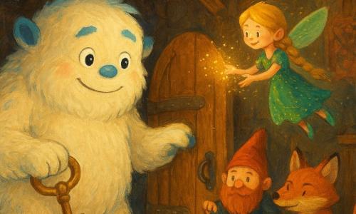 Un giovane yeti chiamato Timo, alto e paffuto, pelliccia crema con ciocche blu e occhi rotondi e sorridenti, tiene una vecchia chiave lucente nella sua grossa mano pelosa e apre una piccola porta di legno; una fata bionda con treccia e vestito verde scintillante vola spargendo scintille dorate, uno gnomo tozzo con berretto rosso e barba rossiccia tiene una lanterna su un gradino dietro Timo, e una volpe parlante rossiccia dagli occhi maliziosi è seduta accanto alla porta con la coda avvolta a una ceppaia; il luogo è un vecchio mulino di legno con travi a vista, polvere dorata nell'aria e boiserie consumate; la porta segreta si apre su una stanza magica, calda e dai toni avvolgenti, con giocattoli di legno antico e libri dalle copertine scintillanti.