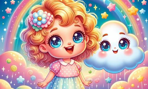Una bambina di 2 anni, Lulù, con grandi occhi brillanti e capelli ricci dorati, sorride meravigliata mentre si trova su una dolce nuvola rosa. Indossa un vestito leggero a pois multicolori e le sue guance sono rosa per l'emozione. Accanto a lei, una Nuvola Saggia, una nuvola antropomorfa dai contorni morbidi e dagli occhi furbi, fluttua con un sorriso caloroso, circondata da piccole stelle scintillanti. Il luogo è un cielo blu brillante, pieno di nuvole soffici e colorate, dove arcobaleni si disegnano sullo sfondo, creando un'atmosfera magica e gioiosa. La scena principale mostra Lulù e la Nuvola Saggia che volano insieme verso il Paese dei Pensieri, dove pensieri colorati fluttuano intorno a loro come bolle di sapone, riempiendo l'aria di dolcezza e sogno.