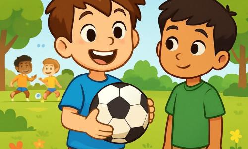 Um menino de 10 anos, chamado João, com cabelos castanhos bagunçados e olhos brilhantes de curiosidade, sorri alegremente enquanto segura uma bola de futebol. Ele usa uma camiseta azul vibrante e um short vermelho, e está em um campo de grama. Ao seu lado, Amir, um menino de 10 anos com cabelos negros e olhos escuros, observa com um sorriso tímido. Ele veste uma camiseta verde e uma calça bege, e se mantém um pouco atrás, observando o grupo de meninos que jogam futebol. O local é um playground ensolarado, cercado por árvores verdes e flores coloridas, com risadas de crianças ecoando no ar. A cena principal mostra João convidando Amir a se juntar a eles para jogar futebol, ilustrando um momento de amizade e aceitação entre os dois meninos, apesar de suas diferenças culturais.