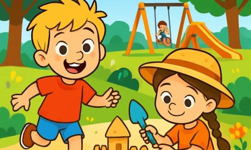 Een 6-jarig jongetje, Lars, met rommelig blond haar en sprankelende ogen, speelt in een zonnig park. Hij draagt een felrode t-shirt en een blauwe short, en hij glimlacht breed. Naast hem is een 6-jarig meisje, Emma, met lange gevlochten bruine haren en een strohoed, die een zandkasteel bouwt. Ze is geconcentreerd en glimlachend, met een gekleurde schep in haar handen. Het park is groen met grote bomen, kleurrijke bloemen die in de wind dansen, en een heldere blauwe lucht met enkele donzige witte wolken. Op de achtergrond spelen kinderen op schommels en een glijbaan, wat bijdraagt aan de vrolijke sfeer. Lars en Emma bouwen samen een prachtig zandkasteel, omringd door emmers en scheppen, terwijl ze lachen en ideeën uitwisselen over hoe ze het kunnen versieren.
