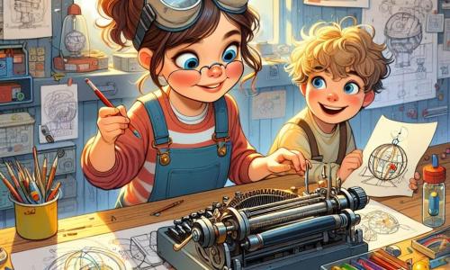 O tânără inventatoare, Ana, se află în centrul imaginii, cu un zâmbet radiant pe față. Poartă o salopetă albastră, ochelari de protecție pe nas și are părul brun prins într-o coadă de cal. Ana este aplecată peste o masă de lucru, înconjurată de schițe colorate și unelte strălucitoare, testând o mașină de scris care a luat o întorsătură neașteptată. Lângă ea, un băiat de zece ani pe nume Vlad, cu părul castaniu dezordonat și ochi strălucitori de curiozitate, observă cu atenție. Ține un schiță în mâini, arătând o idee de minge care emite sunete. Vlad stă ușor retras, dar entuziasmul său este palpabil. Locul este un atelier luminos și colorat, plin de mașini ciudate, planuri agățate de pereți și borcane cu unelte împrăștiate pe rafturi. Lumina soarelui pătrunde printr-o fereastră mare, iluminând spațiul într-un mod cald și primitor. Situația principală arată colaborarea dintre Ana și Vlad, cu râsete și idei care zboară, în timp ce încearcă să dea viață unei invenții amuzante care ar putea ajuta copiii să nu-și piardă mingile în timpul jocului.