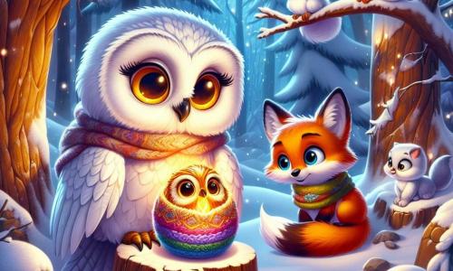 Uma coruja sábia chamada Olívia, com grandes olhos dourados e penas brancas como a neve, está empoleirada em um galho, seu rosto expressando determinação e doçura. Ela protege uma pequena brasa avermelhada, cercada por lã colorida, contra o vento frio. Ao seu lado, uma raposa astuta, com pelagem laranja vibrante e olhos travessos, observa atentamente, sua expressão cheia de curiosidade e excitação. Ela está sentada em uma pedra coberta de neve, pronta para ajudar Olívia. Um coelho de orelhas grandes, com pelagem macia e cinza, está um pouco atrás, olhando com admiração, seus olhos brilhando de alegria e expectativa. O cenário é uma floresta encantada, onde flocos de neve caem lentamente, cobrindo o chão com um manto branco. Grandes árvores com galhos carregados de neve cercam o local, criando uma atmosfera mágica e pacífica. A cena principal mostra Olívia e seus amigos preparando uma pequena cerimônia para acender uma vela com a brasa, iluminando a noite com um brilho acolhedor, enquanto a neve brilha ao redor deles como estrelas.