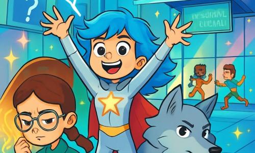 Stella Fulmine, una giovane supereroina dai capelli blu elettrico, si trova al centro della scena, con un sorriso radioso e gli occhi scintillanti di eccitazione. Il suo costume argento brilla sotto le luci, con una stella luminosa sul petto che scintilla di energia. Alza le braccia verso il cielo, pronta a liberare i suoi poteri di fulmine. Alla sua destra, Leo Lupo, un ragazzo di 10 anni con capelli castani arruffati, si trasforma in un maestoso lupo argento, con occhi brillanti di determinazione, pronto a proteggere Stella. Alla sua sinistra, Mia Mente, una ragazza di 9 anni con occhiali rotondi e capelli castani intrecciati, si concentra intensamente, leggendo i pensieri degli altri, circondata da un'aura luminosa. Lo sfondo è l'Accademia dei Supereroi, un edificio futuristico con muri di cristallo e luci multicolori che brillano come stelle. I tre sono uniti di fronte a una sfida, pronti ad affrontare il pericolo che minaccia il loro mondo, con fulmini di energia elettrica nell'aria e un'atmosfera di camaraderie e coraggio.
