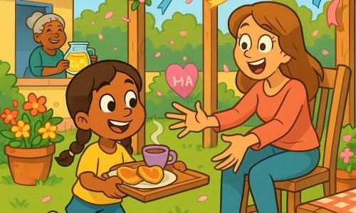 O fetiță de 8 ani, mândră și zâmbitoare, părul brun în două cozi, ochi mari și strălucitori, poartă o ceașcă de ceai și un platou cu clătite în formă de inimă și merge pe gazon spre o pergolă decorată; mama, în jur de 34 de ani, cu fața blândă și emoționată, păr șaten deschis lăsat, stă pe un scaun de lemn sub pergolă, întinzând mâinile surprinsă și fericită; în fundal o vecină de vreo 60 de ani, cu părul gri prins în coc, ține un borcan mare de limonadă și zâmbește de pe o terasă vecină; locul e o grădină de casă dimineața — gazon verde, pergolă de lemn cu ghirlande de flori roz, panglici colorate, ghiveci de teracotă și o măsuță de lemn cu față de masă în carouri; scena principală e oferirea surpriză a micului dejun și decorarea pergolei pentru Ziua Mamei, atmosferă caldă, culori pastelate, lumină blândă de dimineață și detalii vesele precum petale căzând și bule de limonadă.