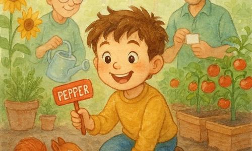 A joyful 6-year-old boy with a round face, messy brown hair, hazel eyes and a triumphant smile kneels in dark soil like a little detective, holding a small red metal plant tag in his right hand as a bright brown squirrel with a bushy tail on an overturned pot shows a shiny piece and looks at him; behind him slightly left a smiling grandmother (~65) with gray hair in a soft bun, round glasses and a watering can watches affectionately, and to the right Mr. Green (~50), tanned in a rolled-sleeve green shirt, stands near tomato beds relieved as he accepts the tags, all in a bright greenhouse of terracotta pots, rows of red tomatoes, tall sunflowers and herbs with soft light through misted glass, small footprints in the soil, adults gently applauding, warm curious atmosphere with pastel colors, watery textures and white-pen highlights.