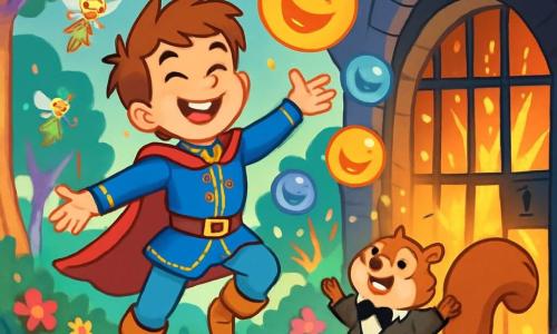 In an enchanted kingdom, a joyful prince named Milo, around 10 years old, wears a bright blue tunic adorned with golden patterns. His face is lit up by a big smile, his eyes sparkling with mischief as he performs a twirl in the air, surrounded by colorful laughter bubbles. Beside him, Sir Tiddle, a plump squirrel in a miniature black suit, jumps excitedly, his bushy tail raised like a party flag. He looks at Milo with admiration, ready to join him on his adventures. In the background, the Butterbean forest stretches out, with multicolored tree trunks and sparkling flowers dancing to the sound of laughter. Fairies with shimmering wings flit around, adding a touch of magic to the scene. The main situation shows Milo and Sir Tiddle discovering a treasure of laughter bubbles escaping from a cell in the dark and mysterious Snortlewart cave, illuminated by joyful bursts of light, while laughter echoes in the air, creating a festive and adventurous atmosphere.