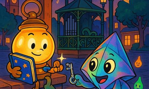 Main lantern character: a small round glass lantern with a brass handle curved like a smile, emitting a warm amber glow, gentle determined expression, perched on a windowsill holding a blue notebook covered in star stickers; important secondary: Nori, an alien made of folded paper lantern with iridescent oil‑sheen skin and polished button eyes reflecting light, curious joyful expression, crouched by a music kiosk offering a small shiny key to the pipes; other secondary: small colorful drop‑shaped glowing visitors, translucent smiling silhouettes floating above the square like flying lanterns; setting: cobblestone village square at dusk with a wrought‑iron painted bandstand, clock tower, shop windows with golden reflections, old streetlamps and textured‑leaf trees; main action: repairing the bandstand—the lantern lights a sparkling key while Nori and the visitors align luminous star‑map tiles on a bench and a single note begins to vibrate; warm atmosphere, saturated colors, crisp outlines like a 90s cartoon; visual style: clean lines, bright contrasting colors, simple luminous textures, soft dusk lighting, composition centered on the lantern and Nori, cooperative gentle‑magic mood.