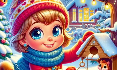 An 8-year-old girl, Ivy, with big sparkling eyes and a radiant smile, is filling a small wooden bird feeder in her snowy garden. She wears a bright red coat, a blue wool scarf, and a knitted hat adorned with a white pom-pom. Nearby, a small brown squirrel with a bushy tail watches Ivy curiously from a tree branch. In the background, the garden is covered in a thick layer of shimmering snow, with trees laden with snowflakes and a cozy house with golden lights shining through the windows. Joyfully, Ivy smiles as she watches colorful birds descend to enjoy the seeds she has placed in the feeder.