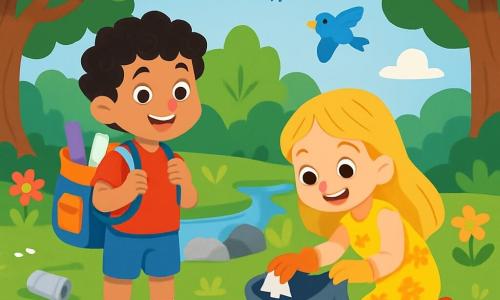 Ci sono 2 personaggi principali: Luca, un ragazzo di 5 anni con capelli neri e ricci, indossa una maglietta rossa e pantaloni corti blu; è in piedi, sorridente, con uno zaino colorato pieno di forniture per pulire la natura. Sofia, una ragazza di 5 anni con lunghi capelli biondi, indossa un vestito giallo a fiori; è accucciata, raccogliendo un rifiuto con un guanto di gomma, con un grande sorriso sul volto. La scena si svolge in una bellissima riserva naturale, piena di alberi maestosi con foglie verdi, fiori multicolori che danzano al vento e un cielo azzurro chiaro con nuvole bianche. Si vedono uccelli colorati volare sopra e un piccolo ruscello scintillante che serpeggia tra le rocce. Luca e Sofia stanno pulendo la riserva, circondati da rifiuti sparsi; lavorano insieme, determinati e felici, per rendere la natura più bella, con i raggi di sole che illuminano il loro cammino.