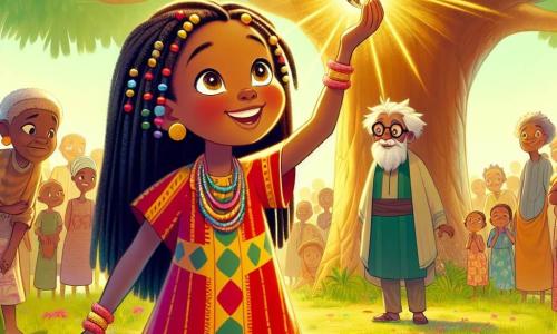 Amina, a 10-year-old African girl, stands at the center of the scene with a broad smile illuminating her face. She has long braided black hair adorned with colorful beads and wears a vibrant dress with traditional African patterns in shades of red and yellow. Her eyes sparkle with excitement and determination as she holds up a shimmering stone, the 