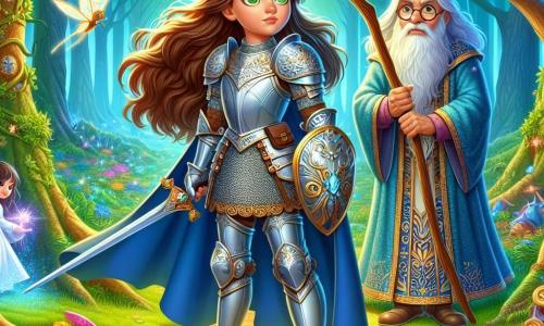 O cavaleră curajoasă, Elara, stă mândră la marginea unei poieni, armura ei argintie strălucind sub razele soarelui. Părul ei lung și brun flutură ușor în vânt, iar fața îi exprimă o hotărâre arzătoare, cu ochii verzi plini de speranță. Ea ține o sabie împodobită cu pietre prețioase, pregătită să înfrunte provocările care o așteaptă. Aproape, bătrânul magician Argan, un om în vârstă cu o barbă lungă și albă și ochelari rotunzi, o observă atent. El poartă o robă albastră cu motive mistice și ține un baston din lemn sculptat, pregătit să-i ofere sfaturi. Decorul este o pădure fermecată, cu copaci majestuoși, frunzele lor verzi filtrând lumina soarelui. Flori colorate acoperă solul, iar ființe magice, precum zâne luminoase, zboară în jurul lor. Situația principală o arată pe Elara pregătindu-se să aleagă unul dintre cele trei cărări misterioase care se întind înaintea ei, fiecare ducând la o aventură diferită. Atmosfera este plină de magie și emoție, în timp ce ea se află la răscrucea drumurilor, gata să accepte provocarea de a salva prințesa Lyria.
