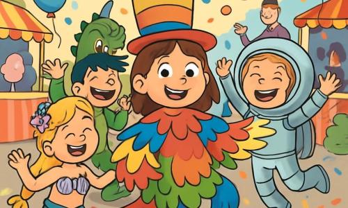 Es gibt 4 Kinder: - Leni: ein 9-jähriges Mädchen mit braunen Haaren und funkelnden Augen. Sie trägt ein Papageienkostüm mit bunten Federn und einem großen Zylinderhut. Sie tanzt fröhlich in der Mitte des Bildes. - Mia: ein 10-jähriges Mädchen mit geflochtenen blonden Haaren und einem strahlenden Lächeln. Sie ist als Meerjungfrau verkleidet, mit einem glitzernden Schwanz und Muscheln im Haar. Sie steht links von Leni und macht Tanzgesten. - Sara: ein 9-jähriges Mädchen mit roten Haaren und Sommersprossen. Sie ist als Rakete verkleidet, mit einem silbernen Anzug und einem glänzenden Helm. Sie ist rechts von Leni und springt begeistert. - Jule: ein 9-jähriger Junge mit zerzausten schwarzen Haaren und einem breiten Lächeln. Er ist als Drache verkleidet, mit grünen Schuppen und bunten Flügeln. Er steht hinter Leni und macht eine lustige Grimasse. Der Ort ist ein großer, belebter Platz, geschmückt mit bunten Girlanden und schwebenden Ballons. Im Hintergrund sind Essensstände mit Süßigkeiten wie Zuckerwatte und Popcorn zu sehen. Menschen in verschiedenen Kostümen tanzen und lachen um sie herum und schaffen eine festliche, fröhliche Atmosphäre. Die Hauptsituation zeigt die vier Freunde, die zusammen lachen und tanzen, umgeben von buntem Konfetti, das vom Himmel fällt. Sie teilen einen glücklichen Moment mit Lachen und strahlenden Gesichtern, während ein Jongleur im Hintergrund mit bunten Bällen Tricks macht.