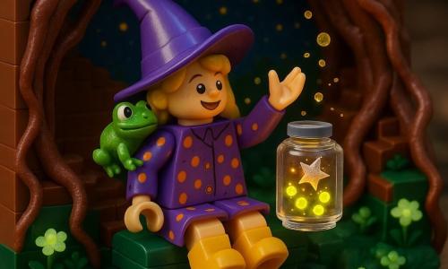 Die Haupthexe Lila ist ein fröhliches, entschlossenes Mädchen mit schief sitzendem spitzem violettem Hut, violettem Mantel mit orangen Punkten, kurzen Stiefeln und glitzerndem Haar; sie sitzt auf einer Moosbank, die Hand zum „Sternengruß erhoben“ und hält ein Glasgefäß voller leuchtender Glühwürmchen, in das gerade ein winziger silberner Stern fällt und goldene Funken auslöst; eine kleine runde grüne Froschfigur hockt neugierig auf ihrer rechten Schulter und blickt zum Glas; Schauplatz ist ein gemütlicher Wurzel-Tunnel mit rotbraunen, strukturierten Erdwänden, gewundenen Wurzeln als Stufen, tiefgrünem Moos, phosphoreszierenden Blüten und einer runden Öffnung nach oben zum sternenklaren Nachthimmel; Szene wirkt bezaubernd und verspielt mit warmem, weichem Licht und violett-gold-grünen Kontrasten.