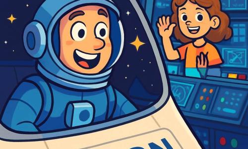 Ein Astronaut, Leo, mit einem glänzenden Helm und einem blauen Raumanzug, steht vor dem Cockpit seines Raumschiffs "Orion". Sein Gesicht zeigt spürbare Aufregung, mit weit aufgerissenen Augen und einem breiten Lächeln, während er die funkelnden Sterne durch das große Fenster beobachtet. Neben ihm winkt ein 10-jähriges Mädchen, Mia, mit lockigem Haar und einem bunten T-Shirt, ihm zum Abschied. Sie befindet sich im Kontrollzentrum der Raumstation, umgeben von leuchtenden Bildschirmen und Sternenkarten. Der Ort ist ein futuristisches Cockpit, gefüllt mit leuchtenden Tasten und holographischen Bildschirmen, die Daten über Sterne und Planeten anzeigen, mit einem spektakulären Blick auf den schwarzen Weltraum, der mit leuchtenden Sternen übersät ist. Die Hauptsituation zeigt Leo, der bereit ist, zum geheimnisvollen System Zeta-9 zu starten, mit einem Abenteuerglanz in den Augen, während Mia hinter ihm ihm mit einem ermutigenden Lächeln viel Glück wünscht.