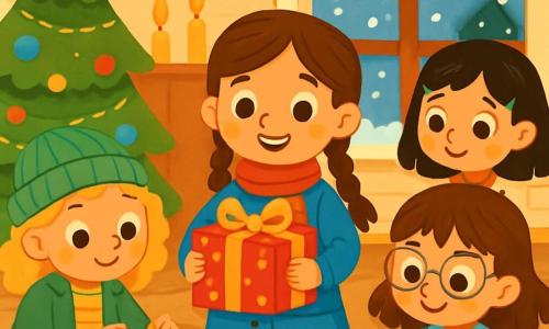 Hay 4 niños: - Lucía: una niña de 7 años, con largas trenzas de cabello castaño, lleva una bufanda roja y un abrigo azul. Está de pie en el centro, sonriendo y sosteniendo un paquete de regalo bellamente envuelto. - Marta: una niña de 7 años, con cabello rizado rubio, vestida con una chaqueta verde y un gorro de lana. Está a la izquierda, atando un bonito lazo dorado alrededor de otro regalo. - Sofía: una niña de 7 años, con cabello castaño y gafas redondas, vestida con un vestido de copos de nieve. Está a la derecha, escribiendo una tarjeta de felicitación con un bolígrafo de color. - Emma: una niña de 7 años, con cabello negro liso, lleva un suéter a rayas y una falda de tul. Está un poco atrás, decorando un paquete con una estrella dorada. La escena tiene lugar en la acogedora sala de Lucía, iluminada por velas brillantes. Las paredes están decoradas con guirnaldas de pino y bolas de colores. Un gran árbol de Navidad se encuentra en una esquina, adornado con luces brillantes y guirnaldas centelleantes. La nieve cae suavemente afuera, creando un paisaje de ensueño a través de la ventana. La situación principal muestra a las cuatro amigas preparando regalos para su vecina, una anciana, con sonrisas radiantes en sus rostros. Trabajan juntas, rodeadas de papeles de colores, tijeras y cintas, creando una atmósfera alegre y mágica, llena de risas y complicidad.