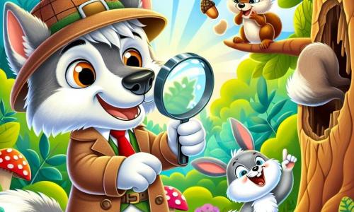 Un lobo detective llamado Lucas, con pelaje gris y ojos traviesos, lleva un pequeño sombrero de detective y sostiene una lupa, mostrando una expresión concentrada y curiosa mientras examina un agujero en un árbol. Junto a él, una pequeña ardilla llamada Susi, con pelaje marrón y una cola esponjosa, salta de alegría señalando las bellotas desaparecidas, mientras un alegre conejo llamado Benito, con pelaje blanco y grandes orejas, ríe apoyado en un árbol, observando la escena con diversión. La escena transcurre en una jungla colorida, llena de follaje verde exuberante, flores brillantes y rayos de sol filtrándose a través de las ramas. La situación principal muestra a Lucas, Susi y Benito resolviendo el misterio de las bellotas desaparecidas, rodeados de la belleza de la naturaleza y la amistad.