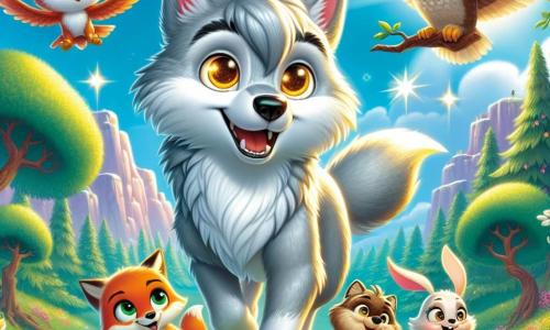 Un lobo llamado Lupi, con pelaje gris plateado y ojos brillantes de curiosidad, se encuentra en la cima de una colina radiante, con una expresión de determinación y alegría. Está rodeado de sus amigos: Rina, la astuta zorra de pelaje rojizo y ojos traviesos, que sonríe animándolo; Tico, el sabio búho de plumas marrones y gafas redondas, posado en una rama, observando con orgullo; y Momo, el alegre conejito de grandes orejas blancas, que salta de alegría al lado de Lupi. El paisaje es encantador, con árboles majestuosos de hojas verdes brillantes, flores coloridas que bailan con el viento y un cielo azul salpicado de nubes esponjosas. La escena irradia un ambiente de camaradería y aventura, mientras el grupo celebra su victoria tras superar numerosos desafíos juntos. Lupi, con un destello de orgullo en los ojos, muestra a sus amigos el tesoro que han descubierto, simbolizando su amistad y valentía.