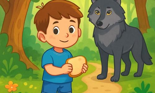 Ein 6-jähriger Junge namens Emil mit kastanienbraunen Haaren und funkelnden Augen steht mutig am Rand eines Waldwegs. Sein Gesicht zeigt eine sanfte Entschlossenheit, mit einem leichten Lächeln und rosigen Wangen. Er trägt ein blaues T-Shirt und eine Jeansshorts, seine kleinen Hände halten ein Stück Brot. Einige Schritte hinter ihm beobachtet ein großer Wolf mit leuchtenden Augen und dunkelgrauem Fell schweigend. Der Wolf hat eine sowohl majestätische als auch melancholische Haltung, die Ohren aufgerichtet und der Schwanz leicht gesenkt, als wäre er neugierig, aber vorsichtig. Die Szenerie ist ein dichter Wald mit imposanten, knorrigen Bäumen und leuchtend grünen Blättern. Der Boden ist mit weichem Moos und bunten kleinen Blumen bedeckt, während Sonnenstrahlen durch das Laub dringen und helle Muster auf den Boden zaubern. Die Hauptsituation zeigt Emil, der bereit ist, sein Brot mit dem Wolf zu teilen, eine zarte Begegnung zwischen der Unschuld eines Kindes und dem Mystischen eines wilden Wesens, in einem Moment sanfter Spannung und Hoffnung.