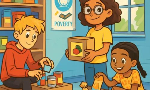 There are three characters: Olivia, an 11-year-old girl with curly brown hair and round glasses, wearing a bright yellow t-shirt and blue jeans, standing with a determined smile while holding a food box; Ben, a tall and slim 12-year-old boy with messy blonde hair, dressed in a red sweatshirt and black pants, sitting on a wooden crate sorting canned goods with a focused expression; and Amina, an 11-year-old girl with braided black hair, wearing a floral dress and white sneakers, crouching and filling bags with food, her face lit up with enthusiasm. The setting is a small community center room with light blue walls and shelves filled with colorful food boxes, decorated with posters raising awareness about poverty, and a large window letting in sunlight, illuminating the scene. The main situation shows the three friends working together to prepare food packages for families in need, united by their desire to help their community, with smiles and a sense of camaraderie in the air as they strive to make a difference.